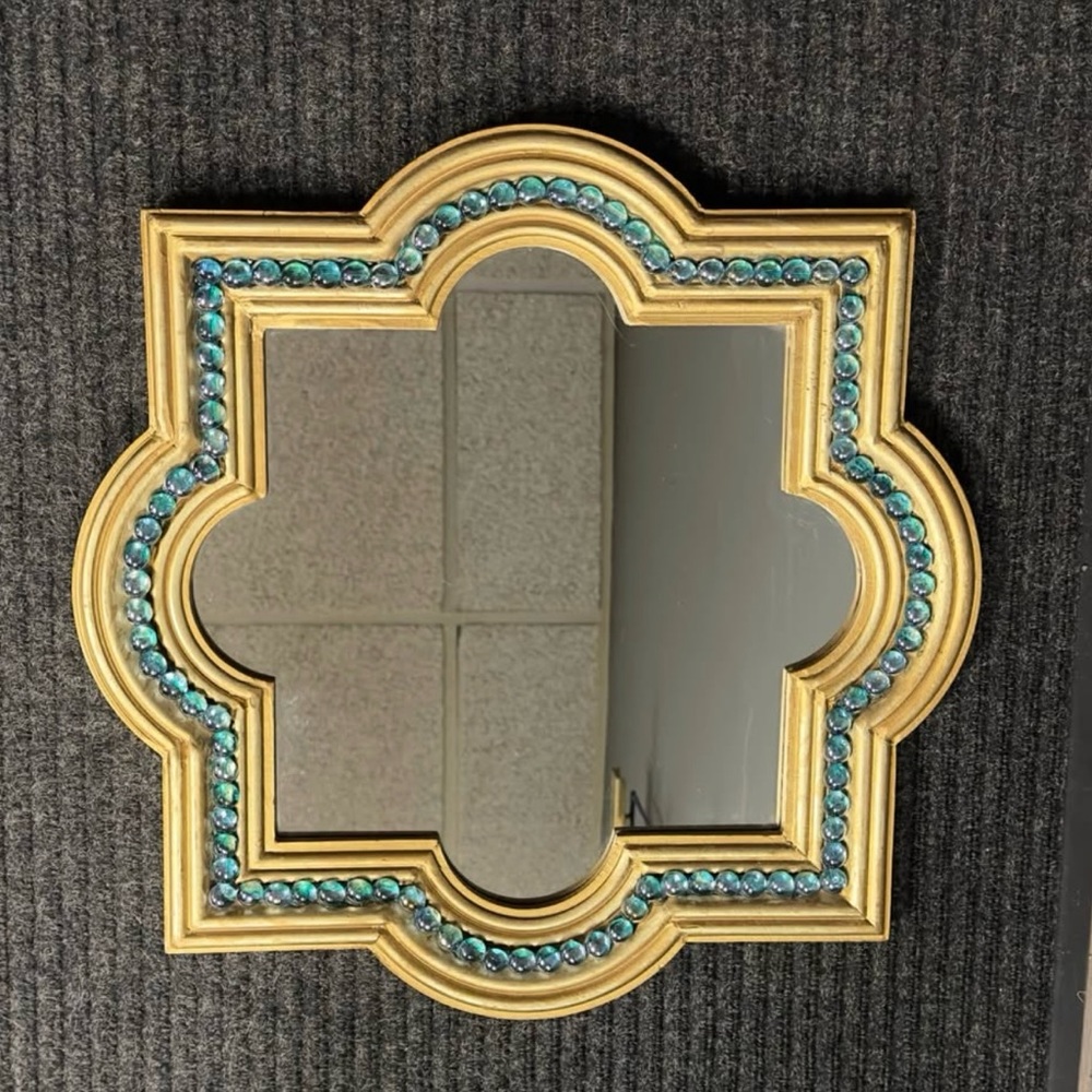 Vintage 90s Era Quatrefoil Gilt Wood and Blue Glass Accent Mirror 12”x 12”